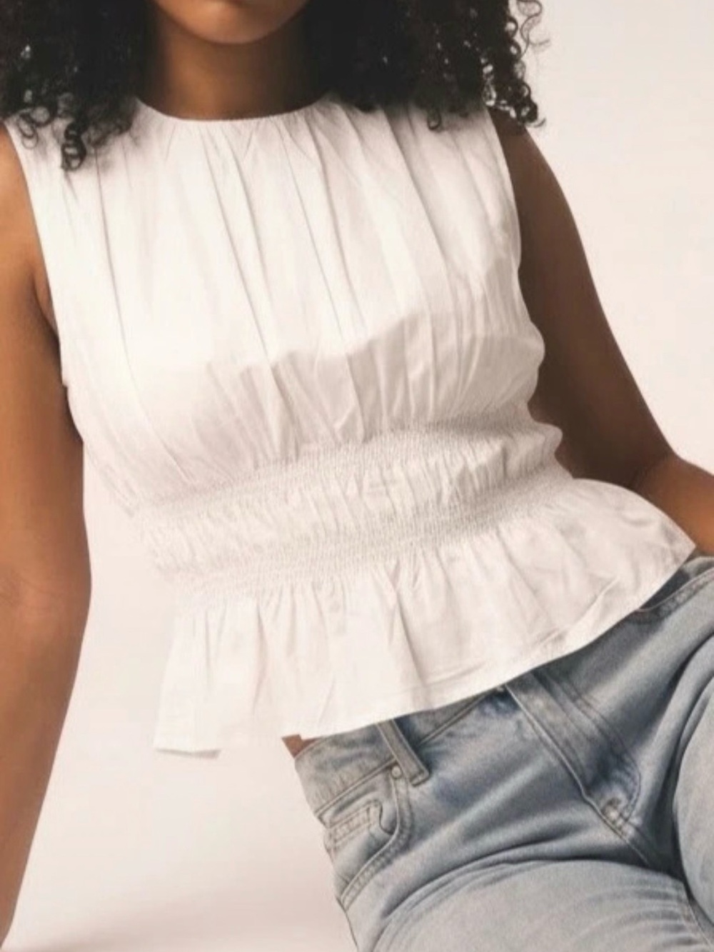 Calvin Klein White Smocked Waist Sleeveless Cotton Peplum Top Size XS✨